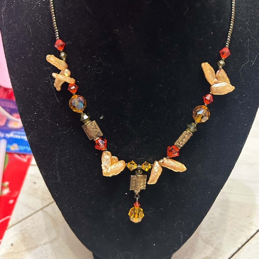 925  Baroque Freshwater Pearl & Amber Crystal Necklace 925 Tag Artisan Beaded